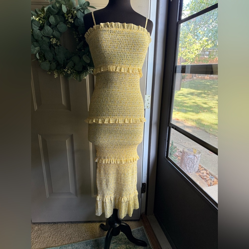 Mable floral smocked tiered cottagecore maxi dress, size medium